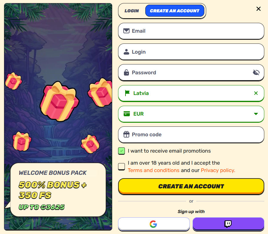 Gamblezen registration form showing email, username, password, Latvia, EUR, promo code and consent checkboxes