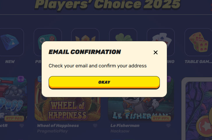 Gamblezen email confirmation message asking the account holder to check their email and confirm their address