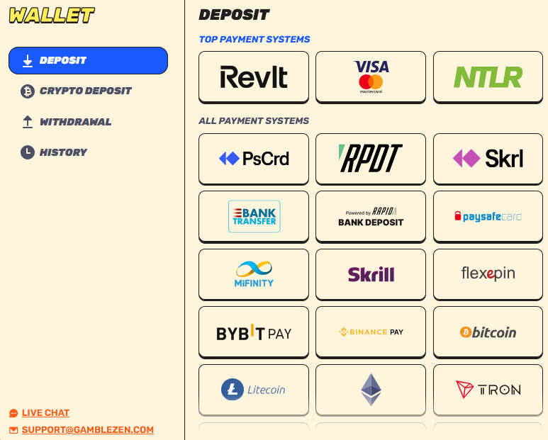Gamblezen deposit cashier showing card, e-wallet, bank transfer and cryptocurrency options for eligible accounts